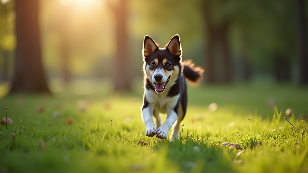High angle view of a happy dog running freely in a green park