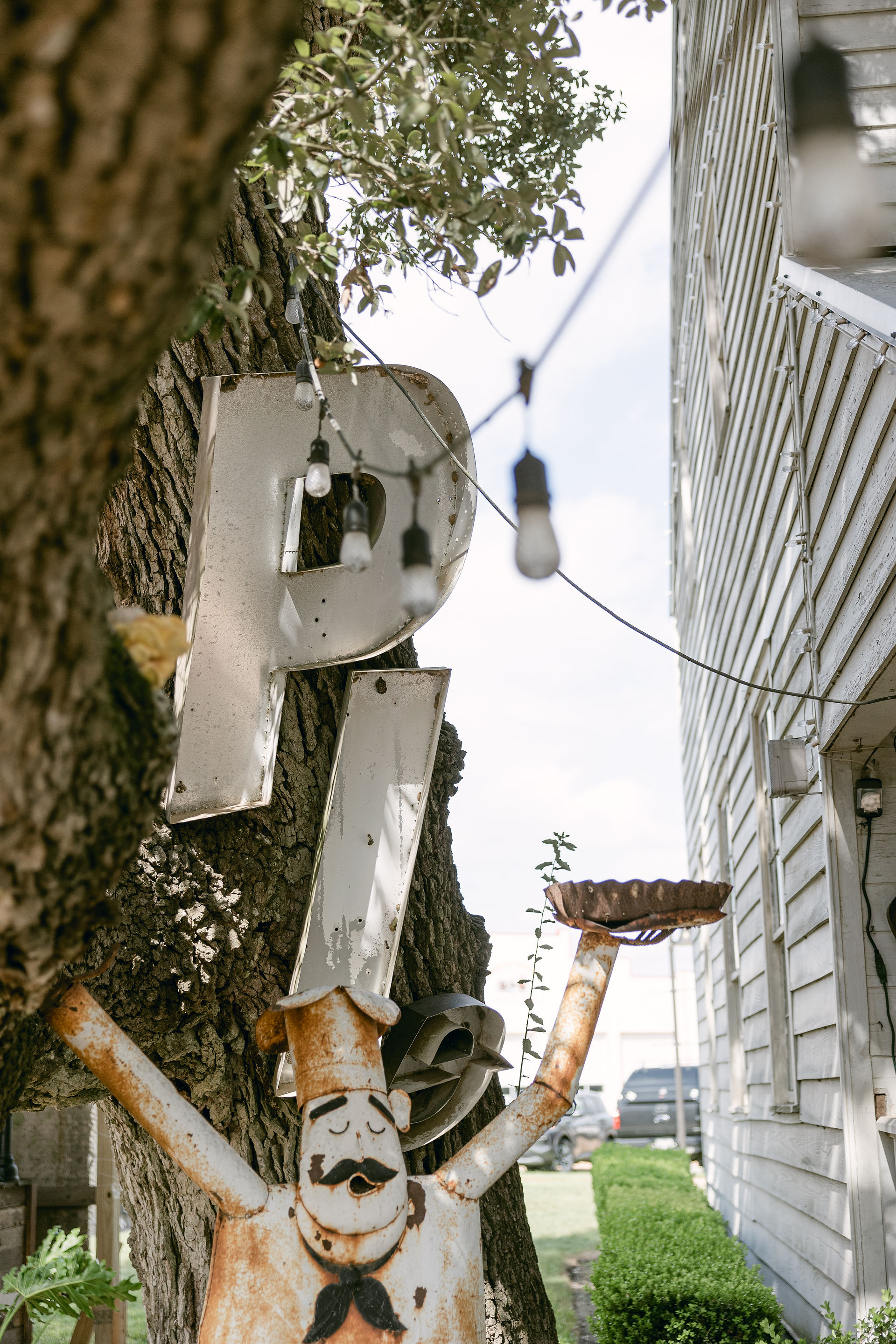 large letters and string lights at pie shop