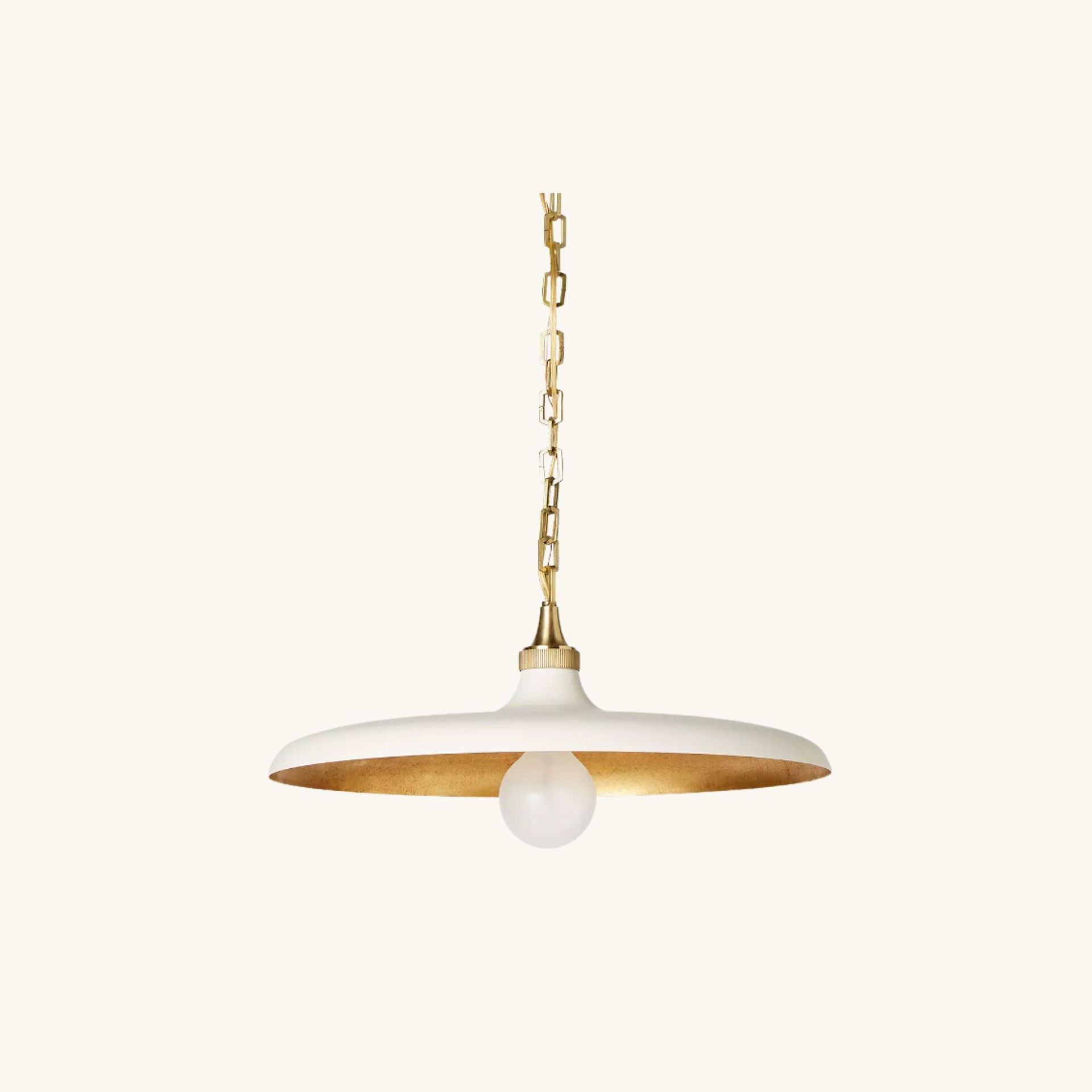 pendant lamp with with white metal shade and brass accents