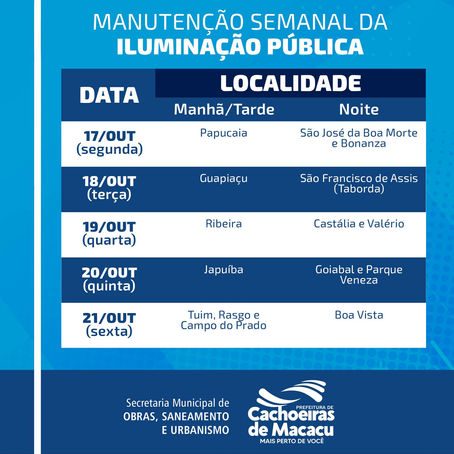 CONFIRA O CALENDÁRIO DO SERVIÇO DE ILUMINAÇÃO PÚBLICA DESTA SEMANA (17 A 21 DE OUTUBRO)