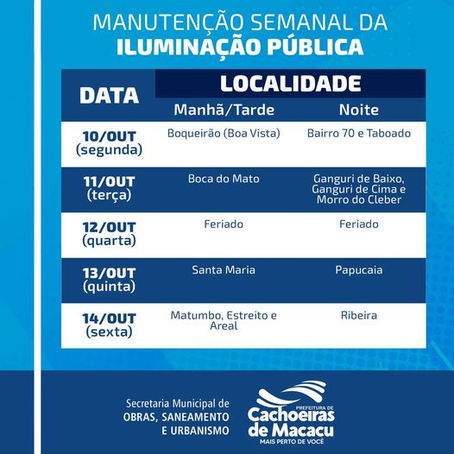 CONFIRA O CALENDÁRIO DO SERVIÇO DE ILUMINAÇÃO PÚBLICA DESTA SEMANA (10 A 14 DE OUTUBRO)