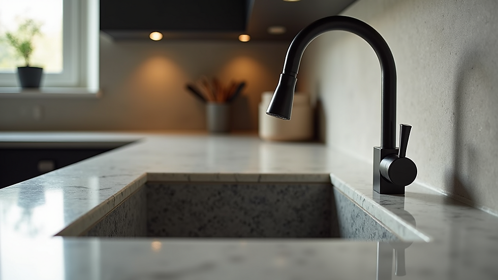 Eye-level view of a bespoke granite sink in a modern kitchen
