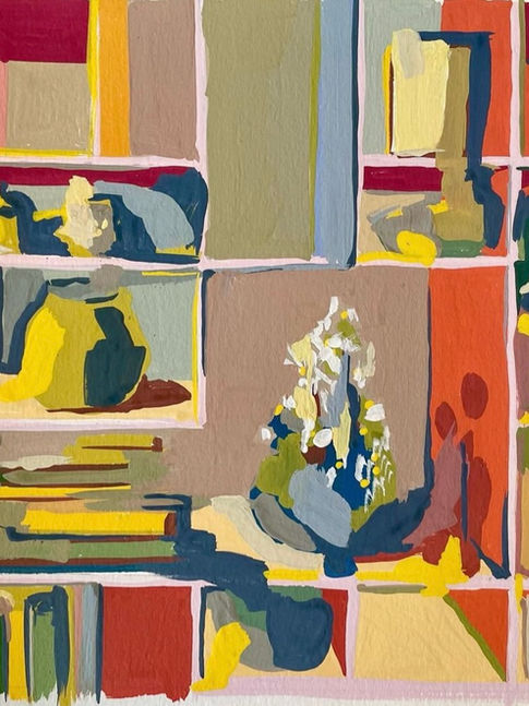 Peinture abstraite d'étagères colorées et d'objets