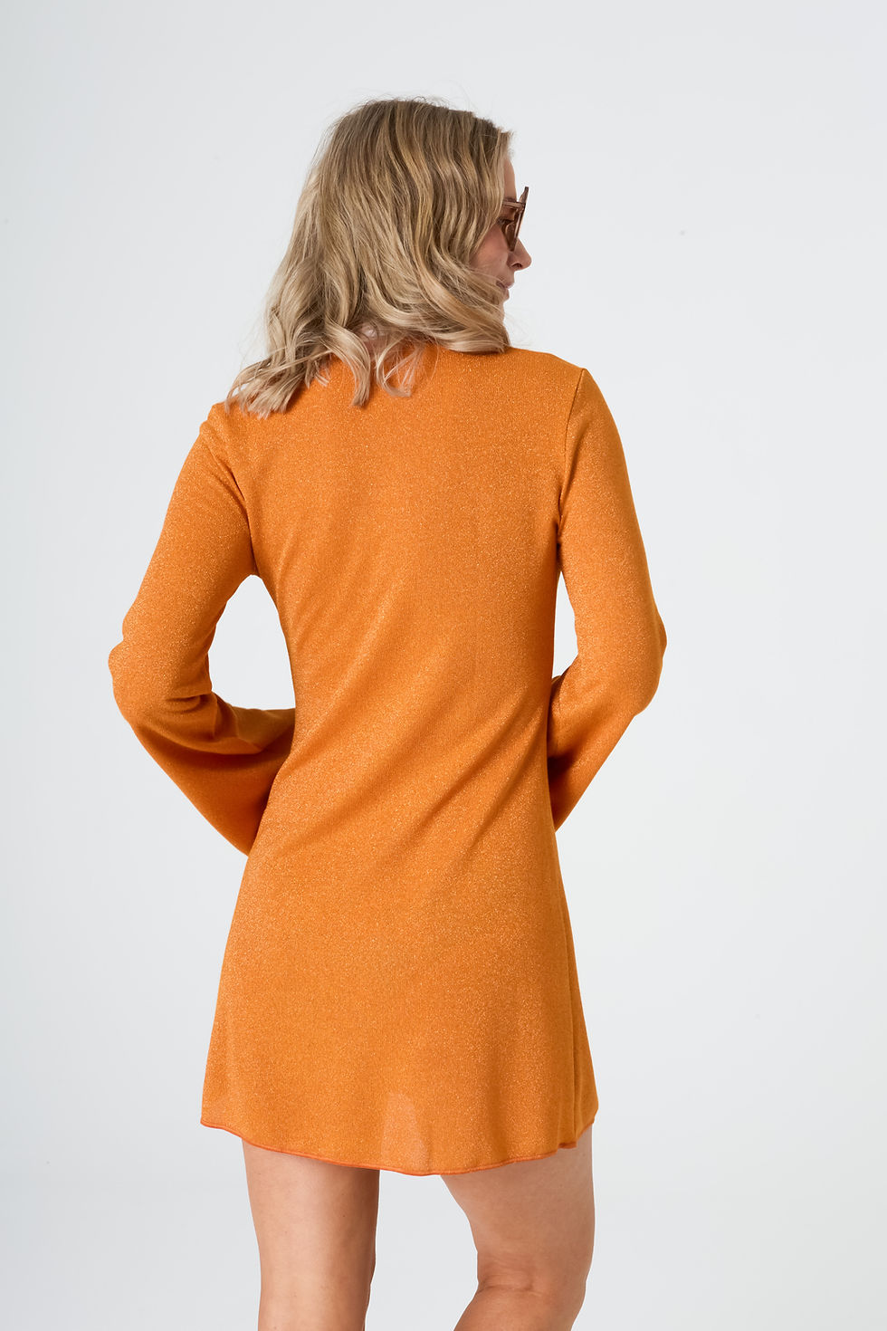 Thumbnail: Mandarin Carmen Mini Dress - Orange Lurex Knit
