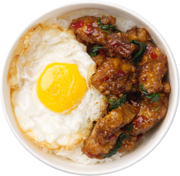 Crispy chicken strir-fried with our secret special Thai holy basil sauce and bell peppers. Comes with rice and egg. * Perfec