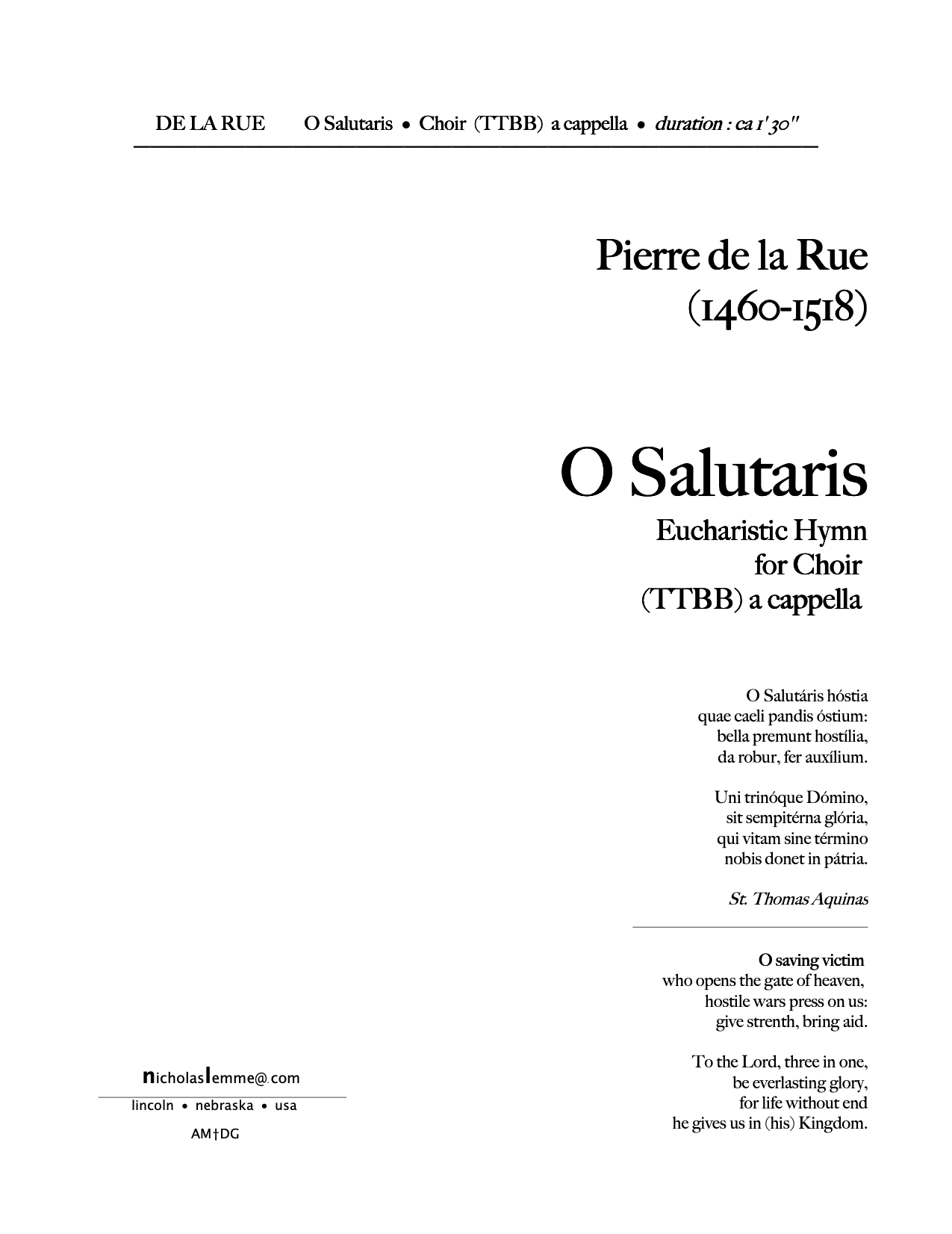 O Salutáris Hóstia de La Rue   |  TTBB  a cappella |  3'