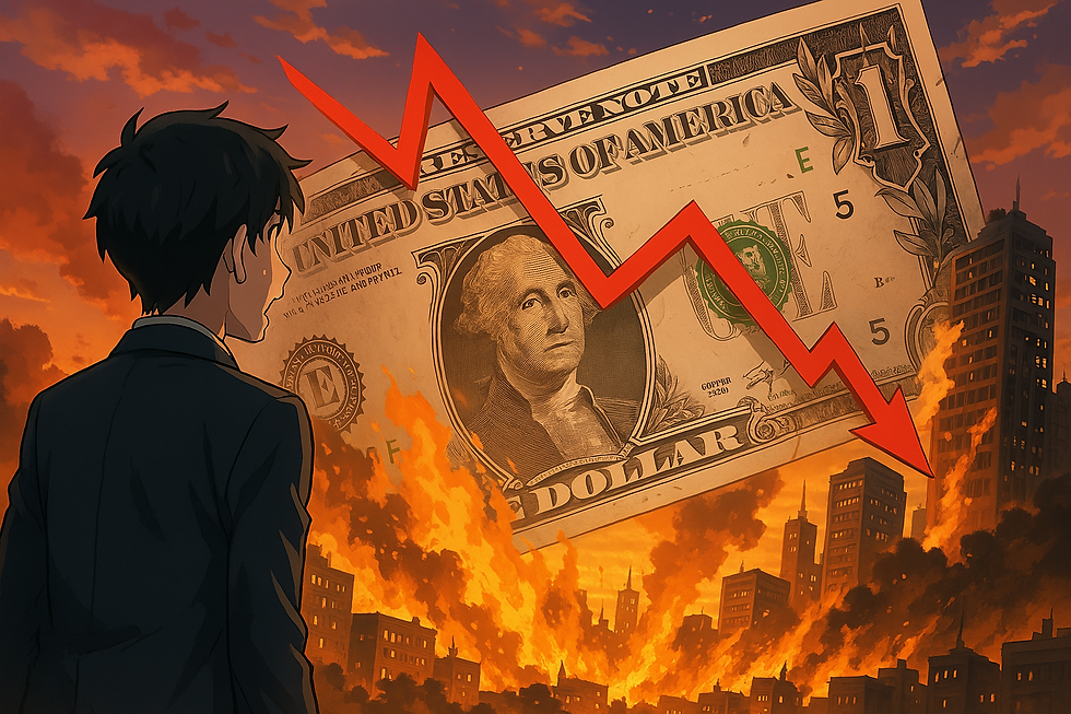 A person watches a giant dollar bill with a red downward arrow over a burning city skyline at sunset, symbolizing financial decline.
