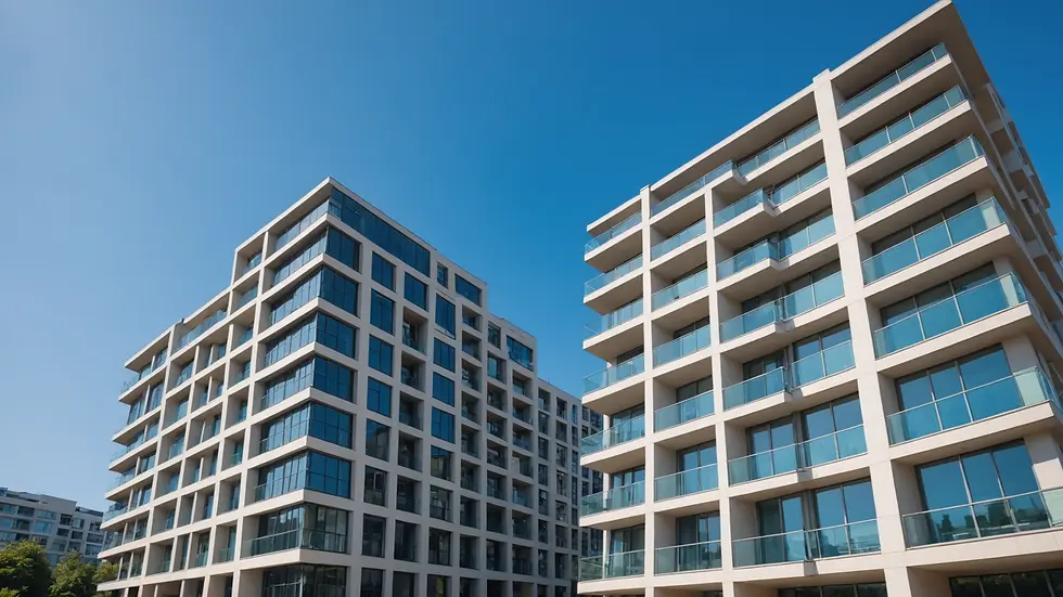 Wide angle view of a modern residential building under a clear blue sky