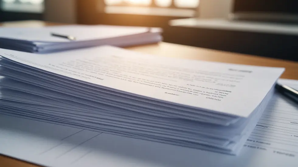 Eye-level view of a stack of paperwork for a due diligence report