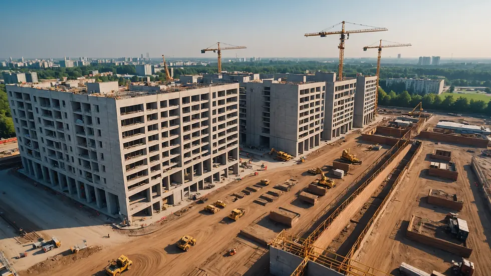 Wide angle view of a construction site with unsold flats
