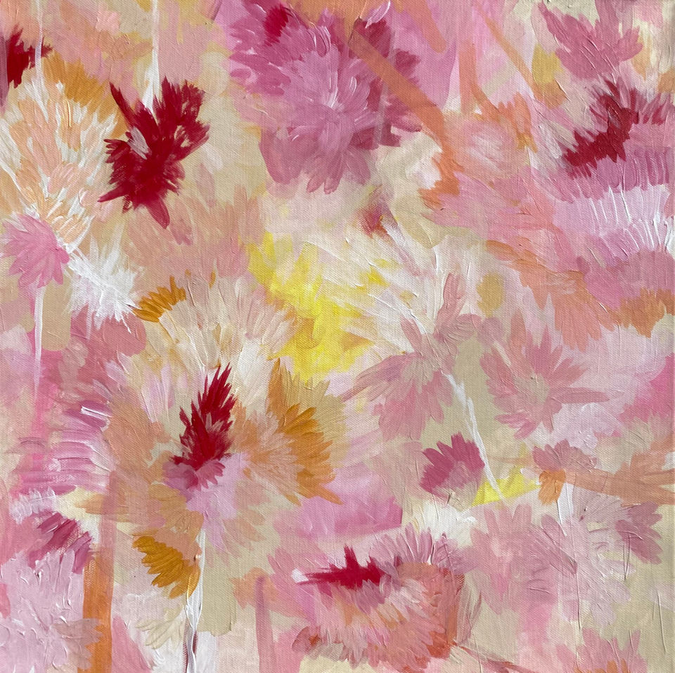 Obra artística que muestra flores en colores rosa