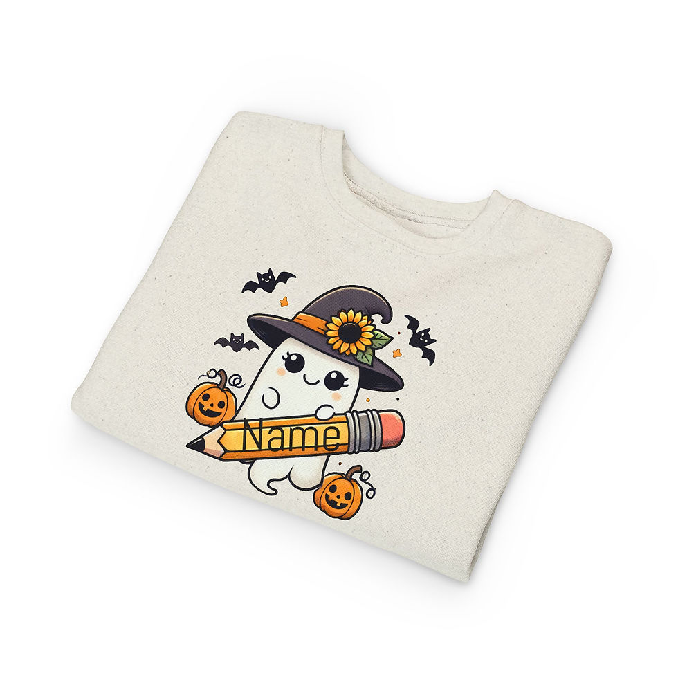Folded sweat shirt of a ghost holding a pencil and personalized