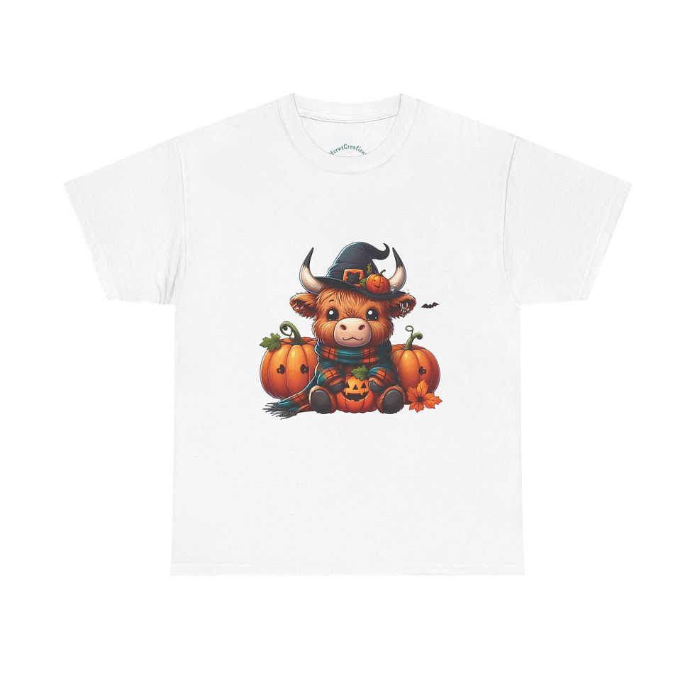 White short sleeve shirt with highland cow with horns on it for fall
