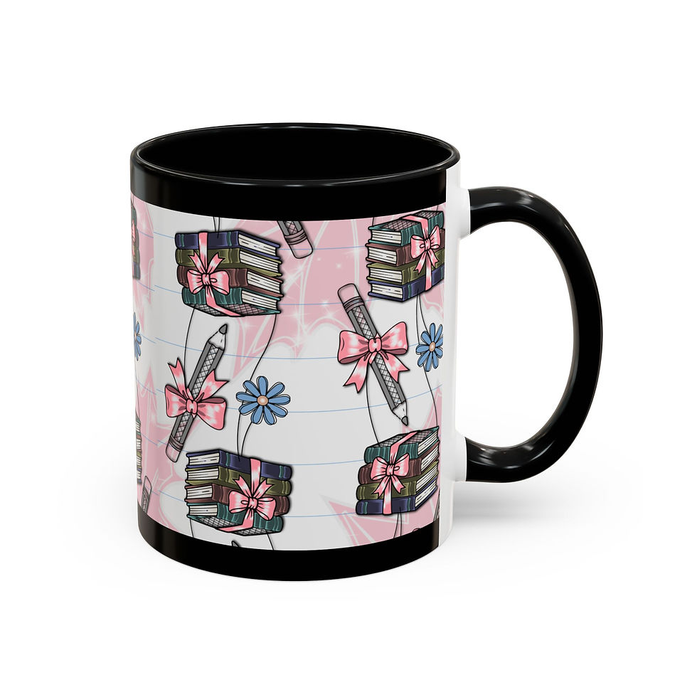 This is the right side of the mug to give a better view of the books with bows
