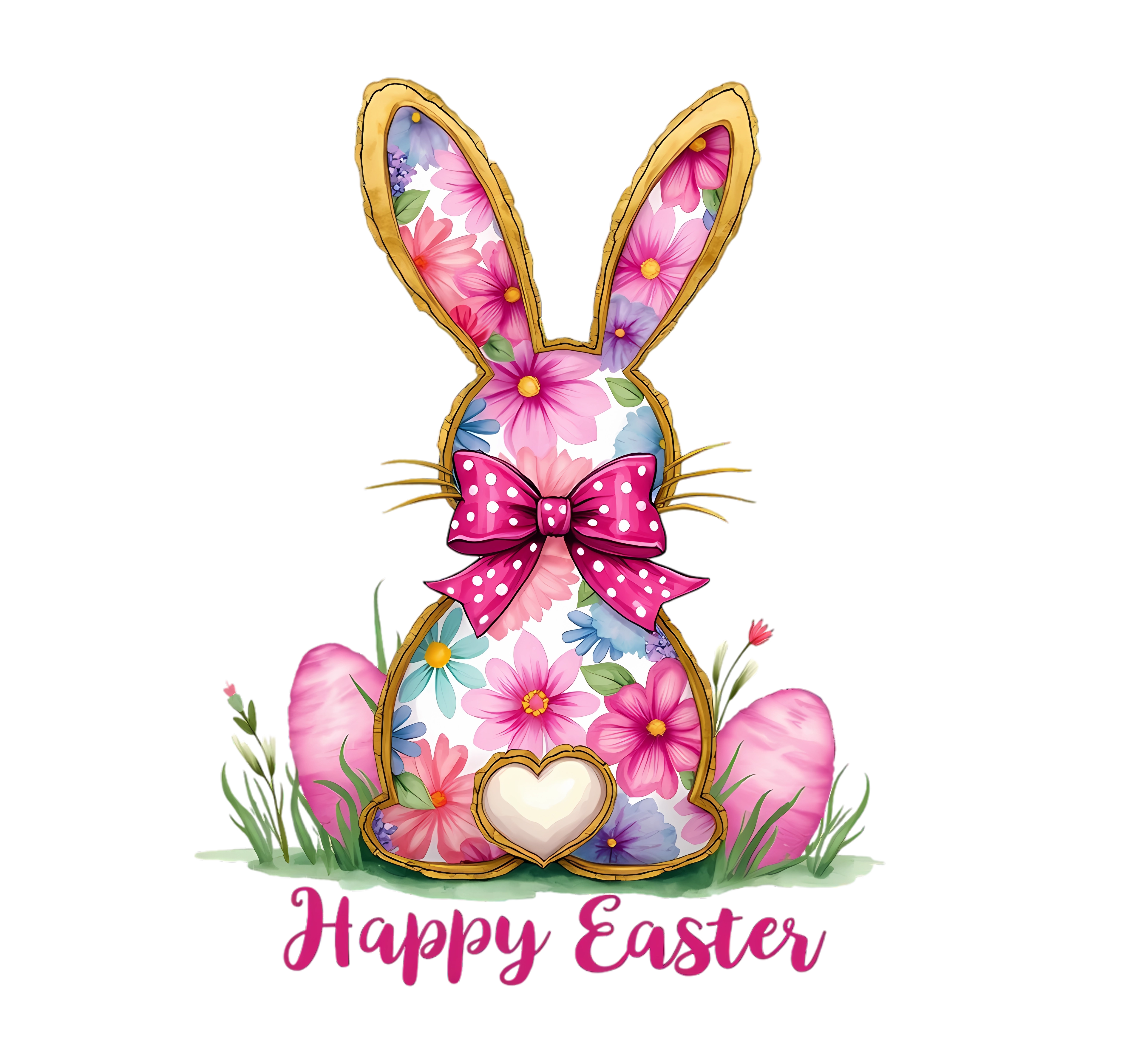 Happy Easter Bunny with trim in gold, pastel pink and a pink bow
