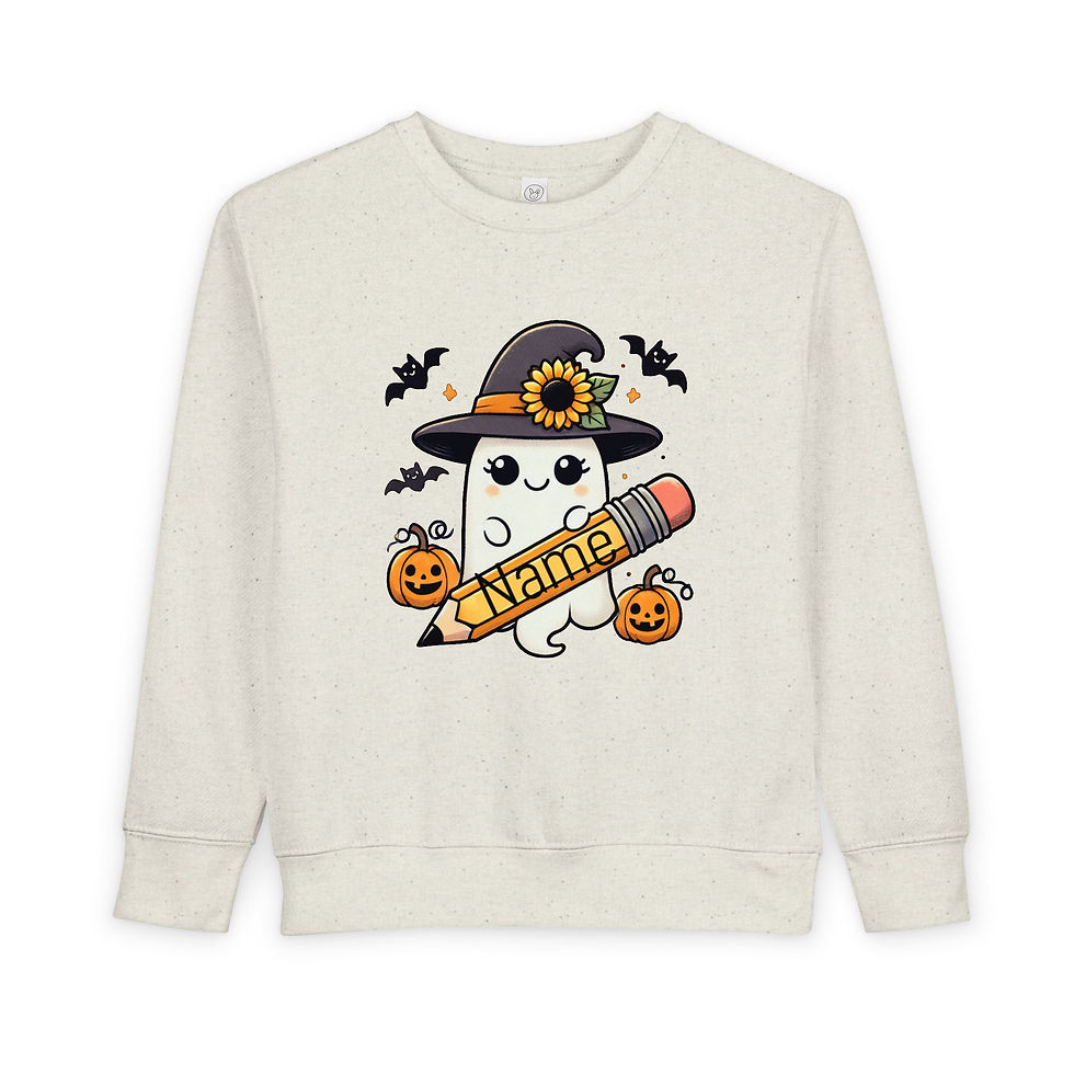 Toddler sweatshirt in tan that has a fall scene ghost on it the a hat and personlized pencil