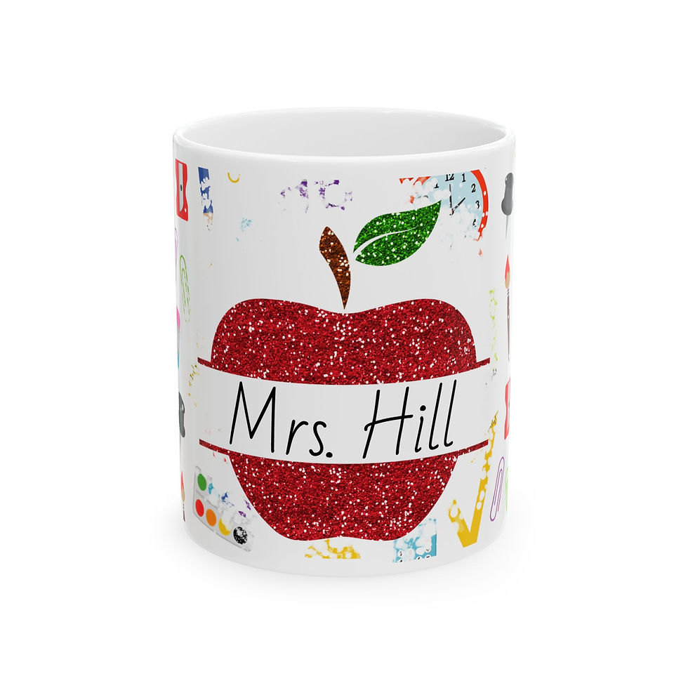 Front of this ceramic teacher mug that is personalized with teaching items and a red apple