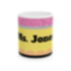 Front of the pencil design ceramic mug that is personalized with name on it