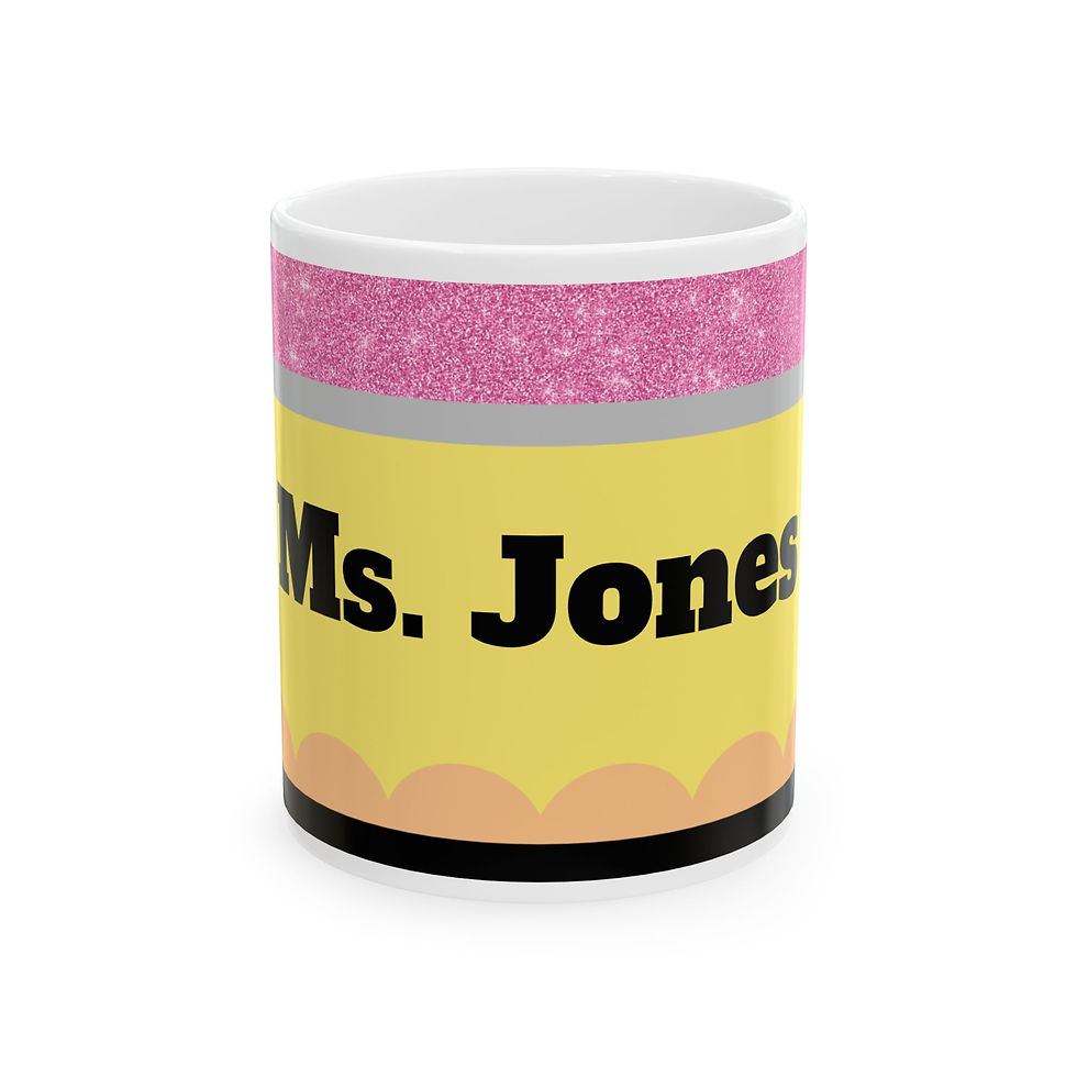 Front of the pencil design ceramic mug that is personalized with name on it