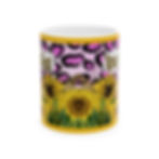 Front of this ceramic mug with sunflowers and leopard print