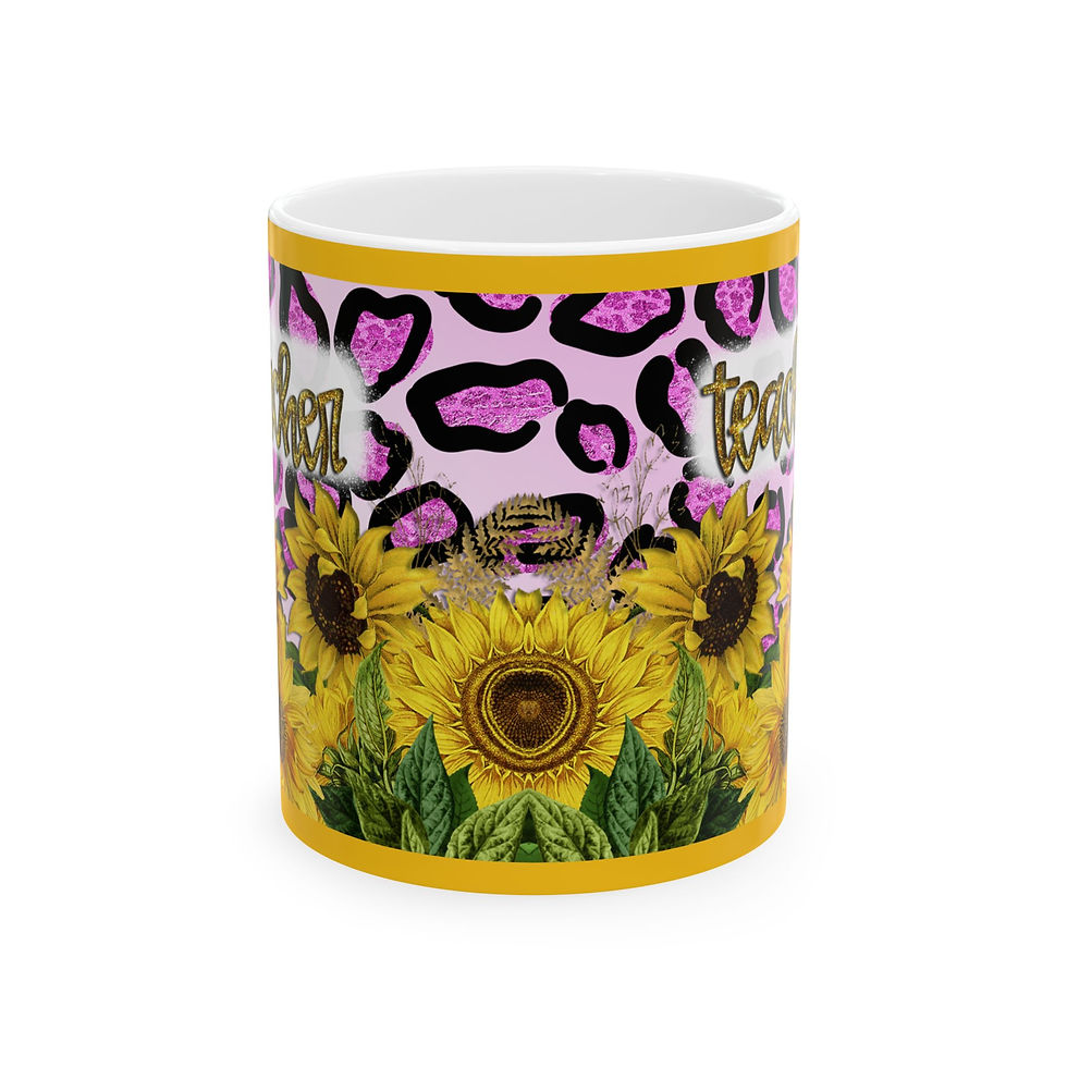 Front of this ceramic mug with sunflowers and leopard print