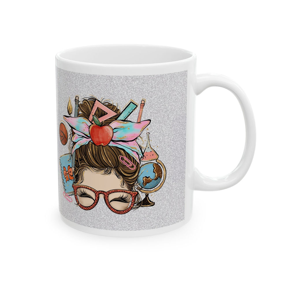 Right side of ceramic mug showing the design of teacher life witha woman with different teaching items in her hair