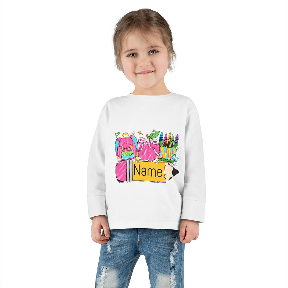 Personalized little girl long sleeve shirt with back to school items on it