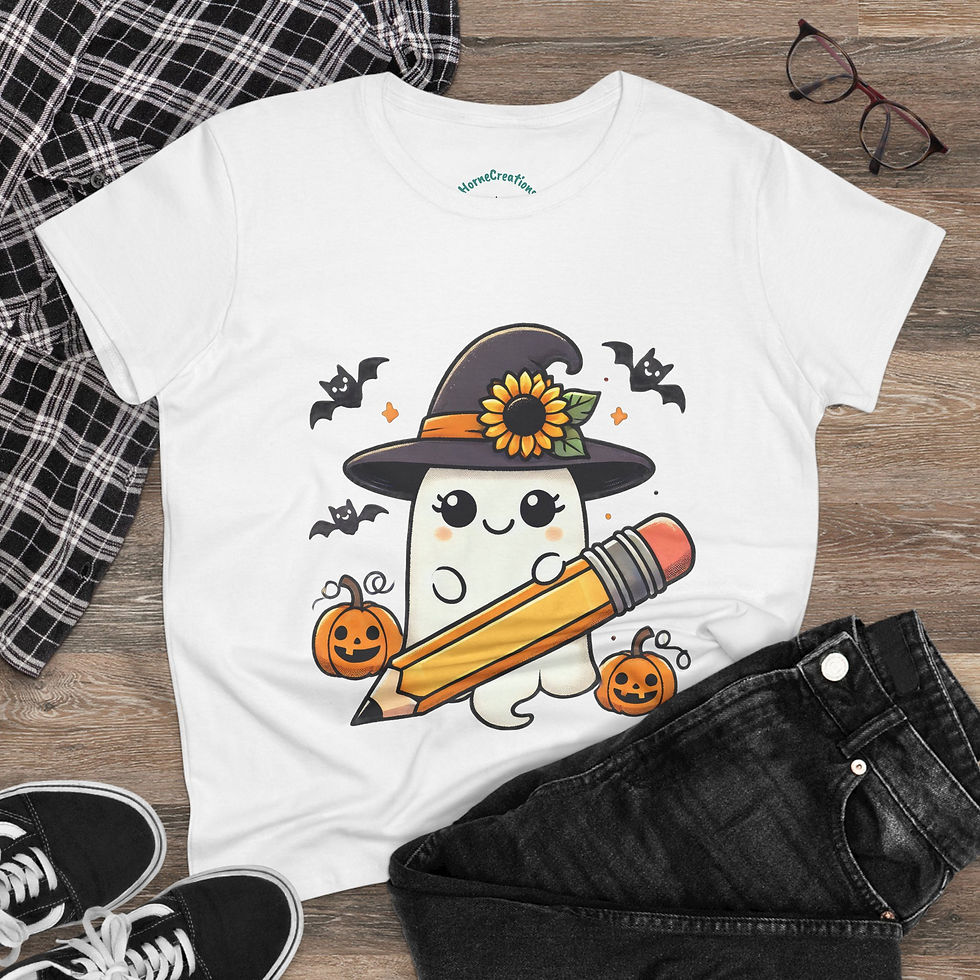 Halloween t shirt with ghost with witch hat laid out for view