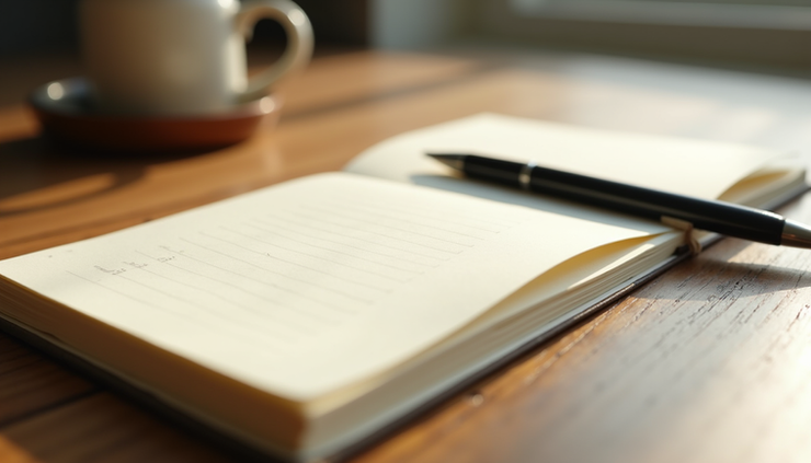 Close-up view of a journal and pen on a wooden table with soft natural light