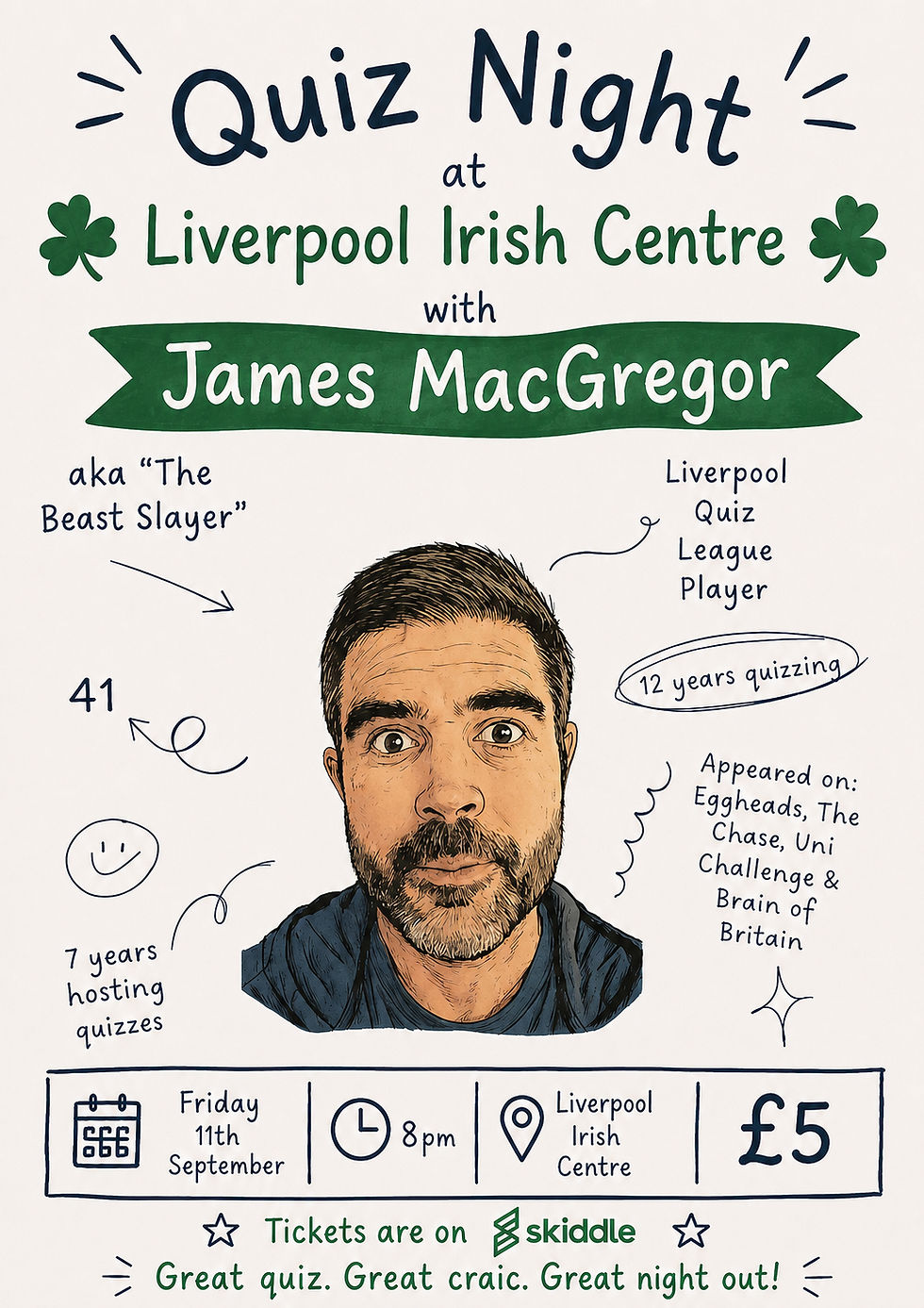 James MacGregor is one of Liverpool’s most respected quiz hosts and competitors, with plenty of experience in the quiz world. A familiar face on shows including Eggheads, The Chase, University Challenge and Brain of Britain, James combines serious knowledge with a relaxed, entertaining hosting style. Expect a fast-paced, fair and fun quiz packed with great questions, plenty of laughs, and something for everyone—whether you’re a seasoned quizzer or just out for a good night’s craic.