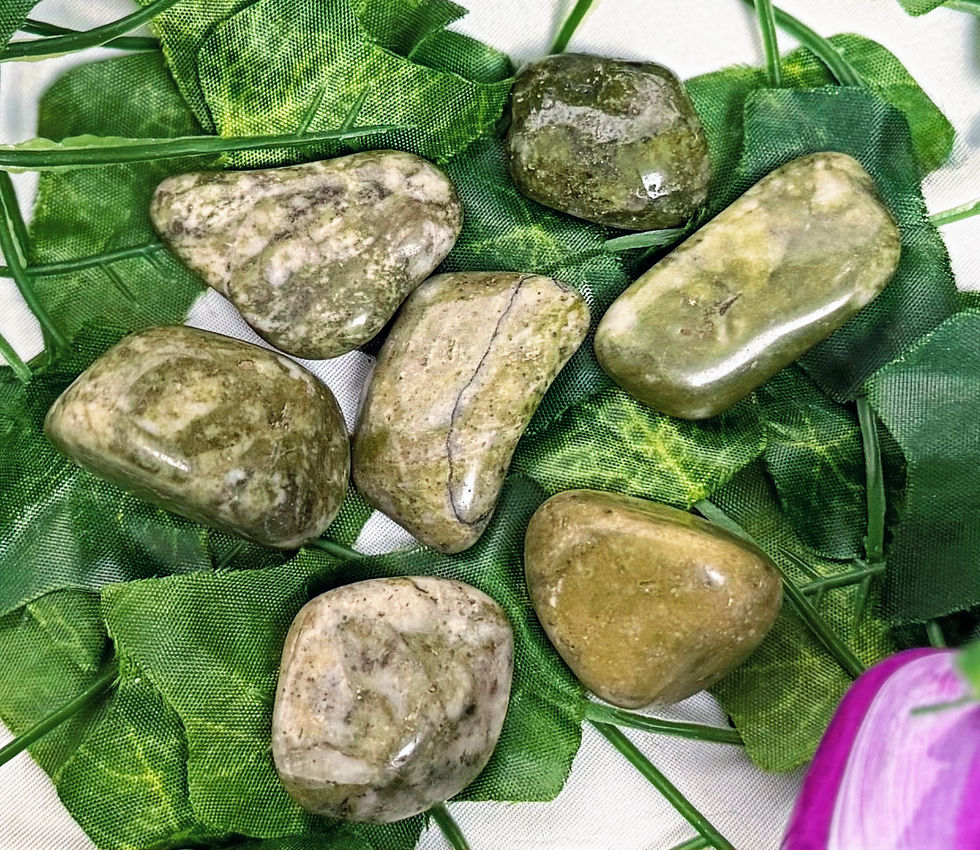 7 green epidote snowflake tumblestones placed on green leaves