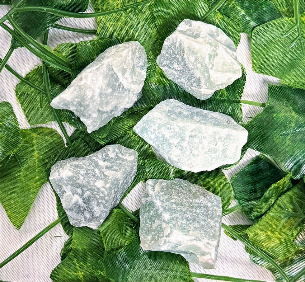 5 raw jade crystals placed on green leaves
