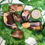Thumbnail: 6 Nguni jasper tumblestones placed on green leaves with pound coin placed by them for scale
