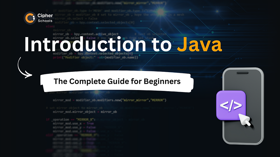A visually engaging banner for an introductory Java guide. The title 'Introduction to Java' is prominently displayed, with 'The Complete Guide for Beginners' written below in a white banner-style box. The background features Java code snippets and futuristic digital patterns. A 3D smartphone icon with a code symbol emphasizes programming.