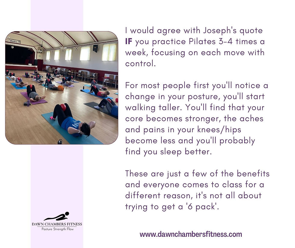People do Pilates in a gym, lying on mats. Text discusses benefits of Pilates, including posture and strength. Logo: Dawn Chambers Fitness.