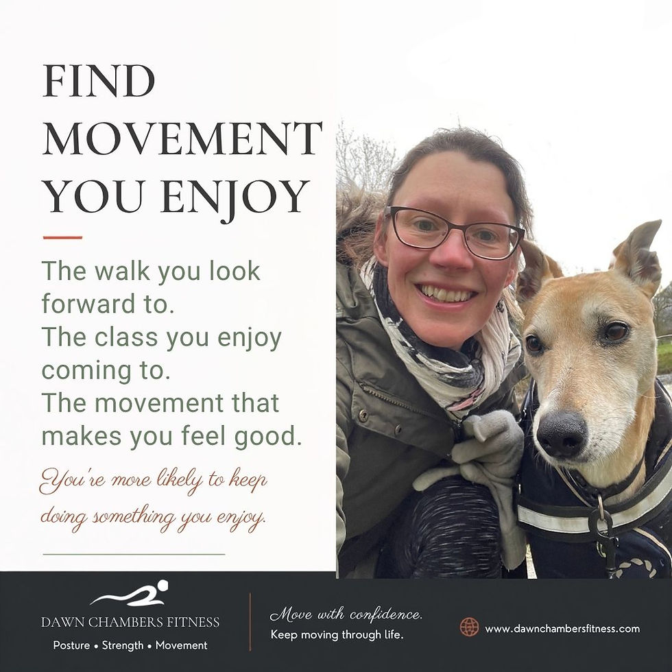 Poster of smiling woman and tan dog outdoors beside text: Find movement you enjoy.