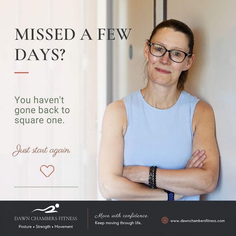 Woman in glasses and blue top stands with arms crossed beside fitness ad text: Missed a few days? Just start again.
