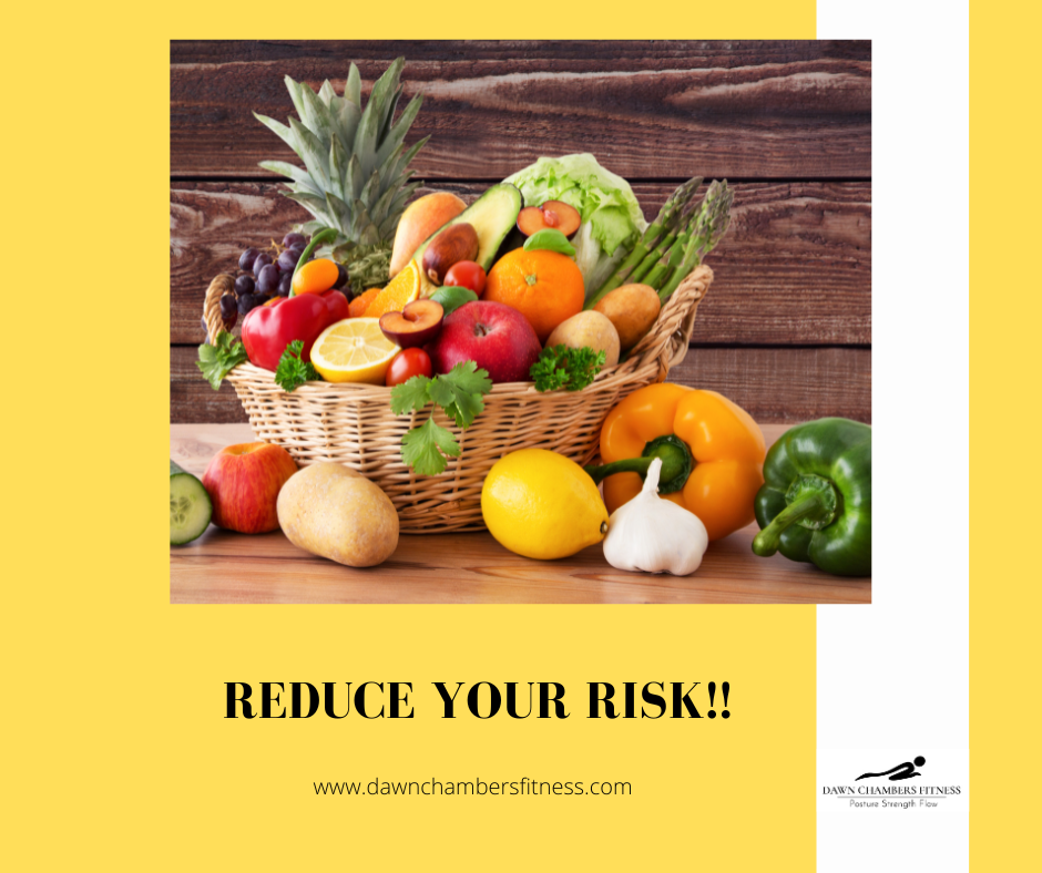 Basket of colorful fruits and vegetables on wooden table, promoting healthy lifestyle. Text: "REDUCE YOUR RISK!!" and "www.dawnchambersfitness.com".