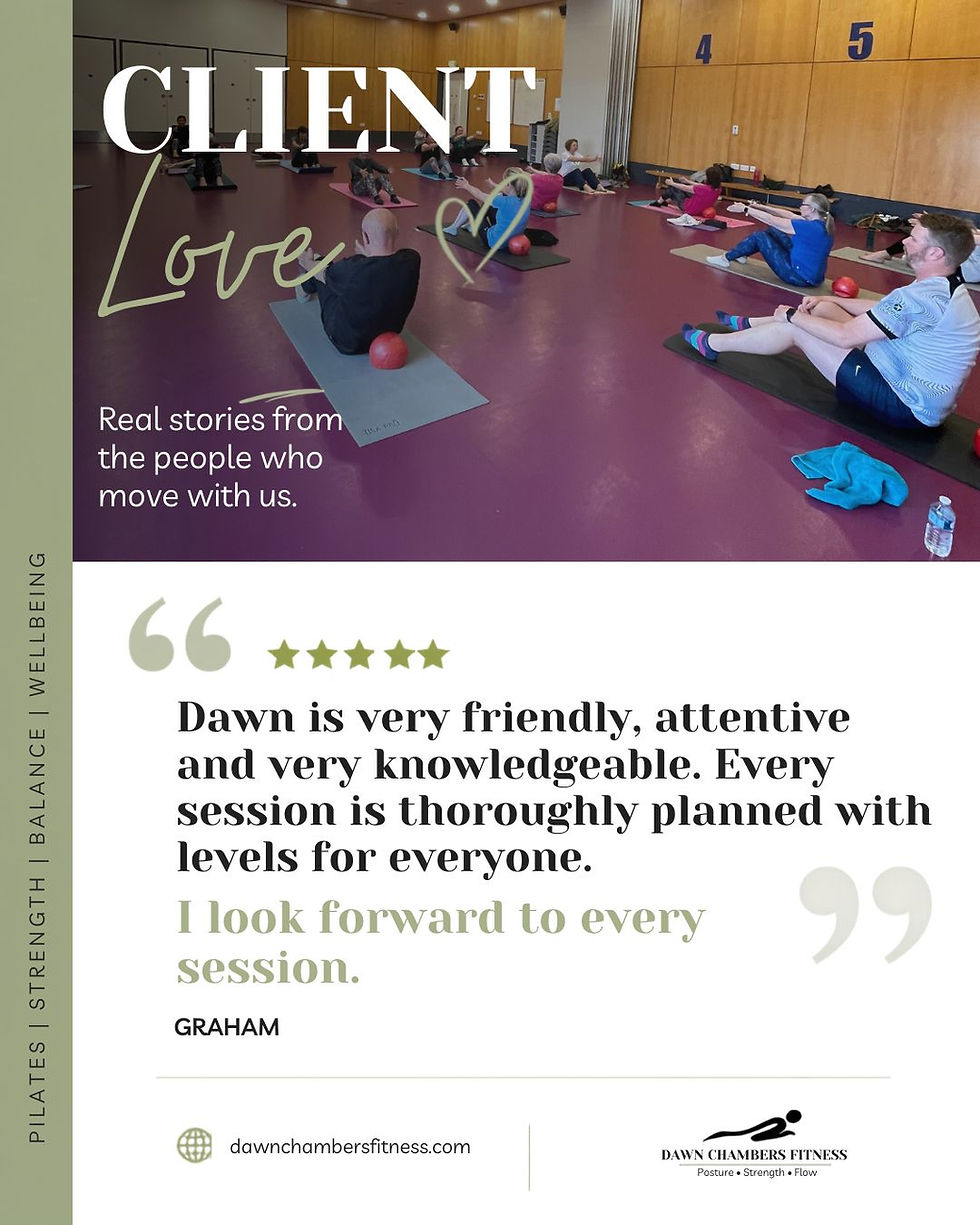 Pilates class on mats in a studio, overlaid with CLIENT Love and a testimonial praising Dawn Chambers Fitness.