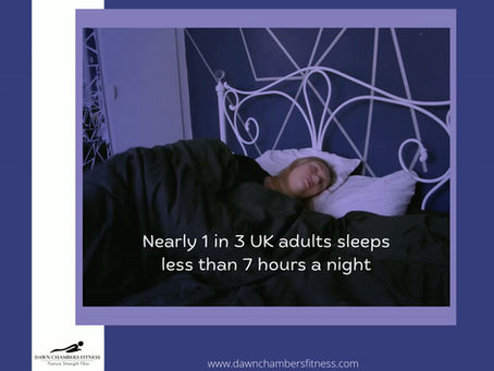purple theme of a lady sleeping with text "Nearly 1 in 3 uk adults sleeps less than 7 hrs a night"