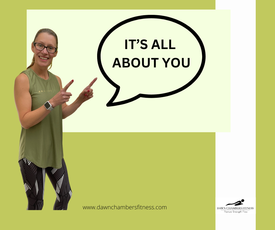 Person in green top, smiling and pointing at text bubble saying "IT'S ALL ABOUT YOU." Background is olive green. Website link below.