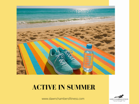 Turquoise sneakers and a water bottle on a colorful mat on a sandy beach. Text: "ACTIVE IN SUMMER" and "www.dawnchambersfitness.com".