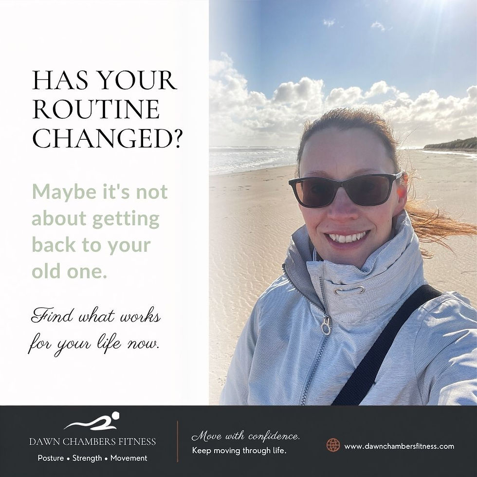 Smiling woman in sunglasses on a sunny beach beside fitness ad text: Has your routine changed? Find what works for your life now.