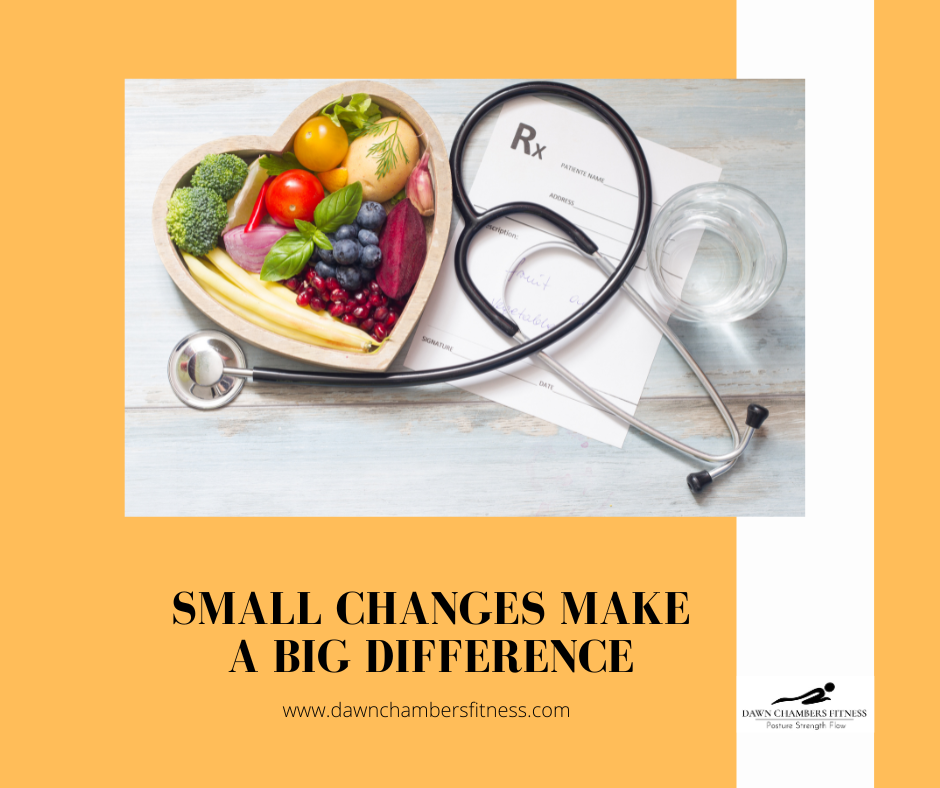 Heart-shaped bowl with fruits and veggies next to a stethoscope, Rx pad, and water on wood. Text: Small changes make a big difference.