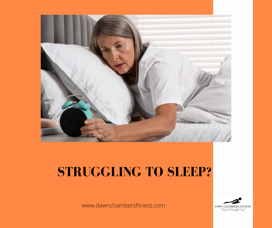 Woman in bed holding a turquoise alarm clock, looking concerned. Text reads "Struggling to sleep?" on orange background.