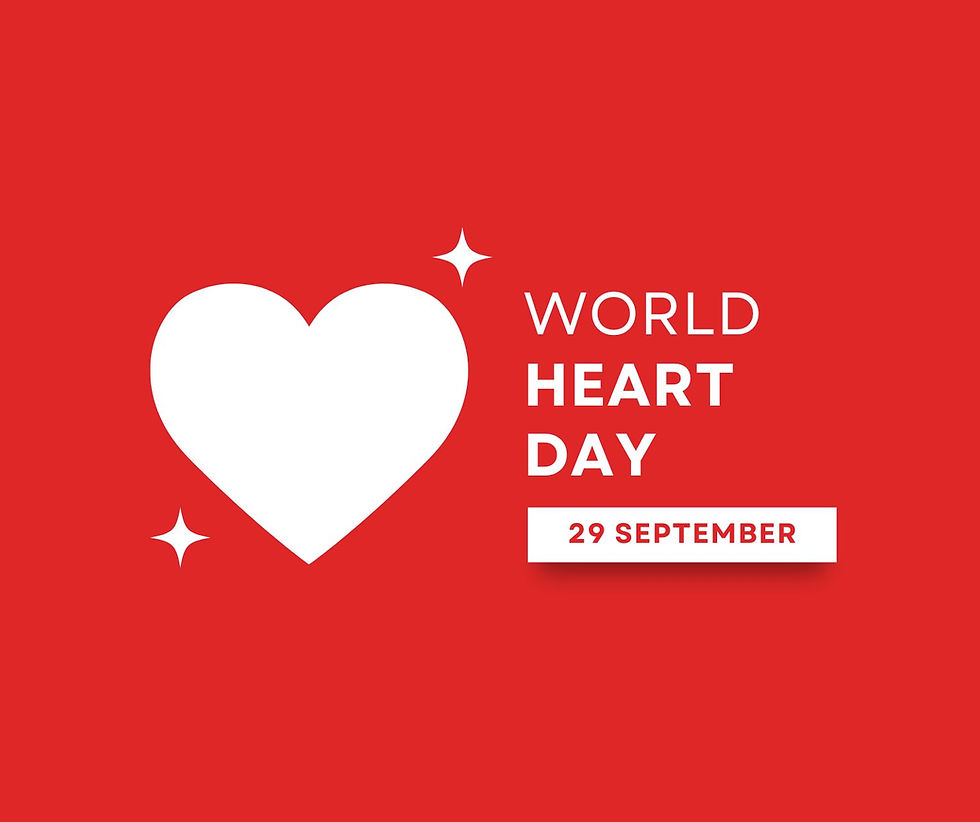 White heart and stars on a red background, with text "World Heart Day" and "29 September," conveying a health awareness theme.