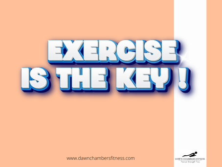 Bold text saying "EXERCISE IS THE KEY!" in white with blue shadow on peach background. www.dawnchambersfitness.com and logo at bottom.