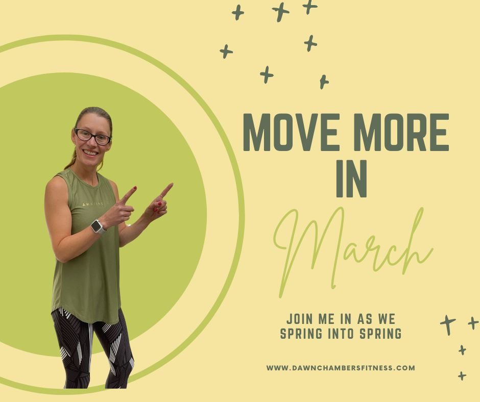 Smiling woman in green top points at text "Move More in March" on pastel background with crosses. Encouraging mood.