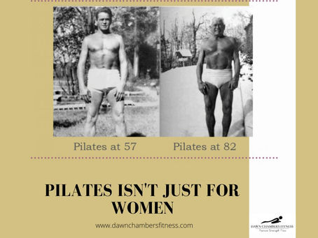 Poster with two black-and-white photos of a shirtless man at 57 and 82, captioned Pilates at 57 and Pilates at 82.