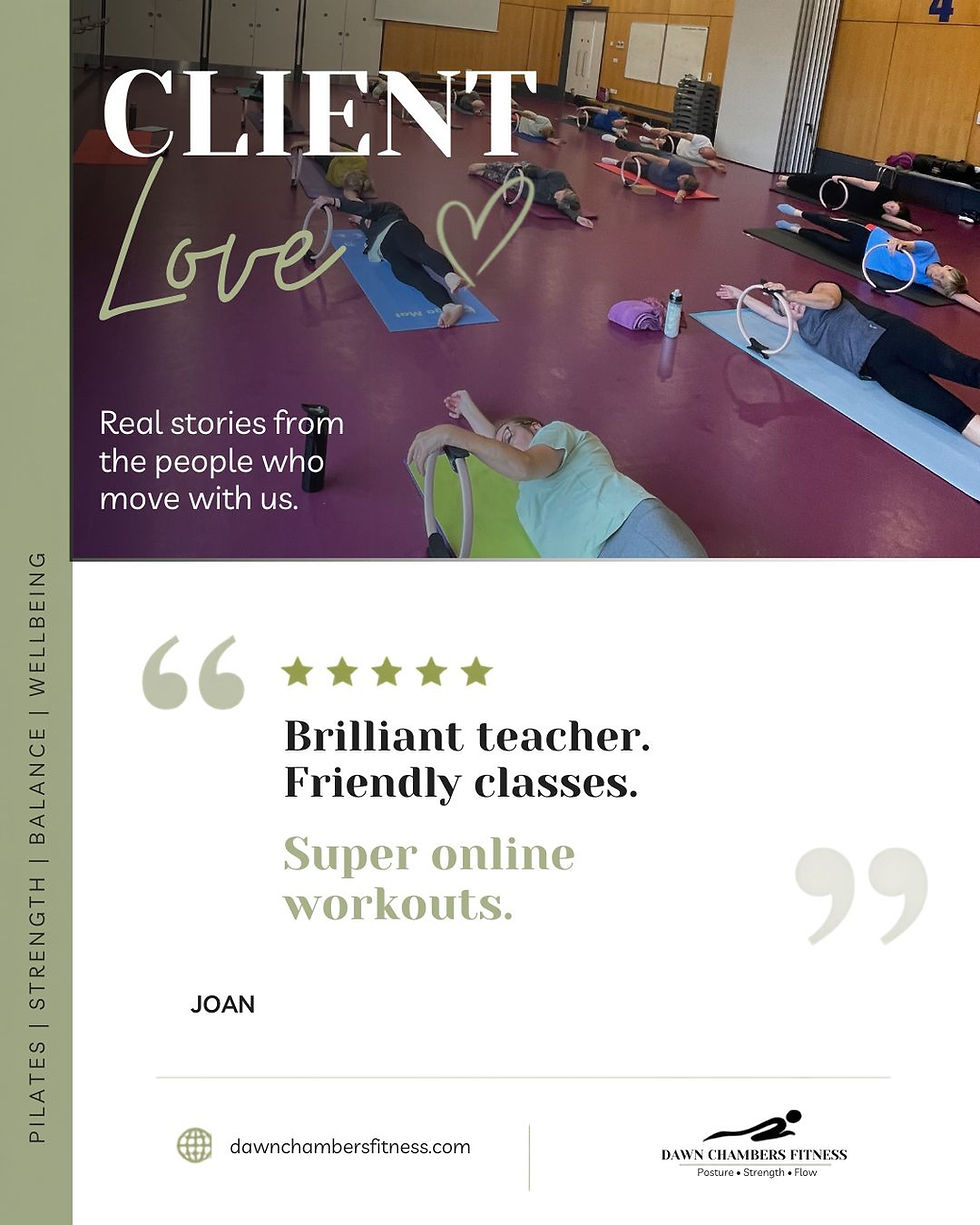 Pilates class poster showing people exercising on mats; text reads CLIENT Love, Brilliant teacher. Friendly classes. Super online workouts.